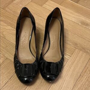 Salvatore Ferragamo Black Patent Leather Wedges with Bow